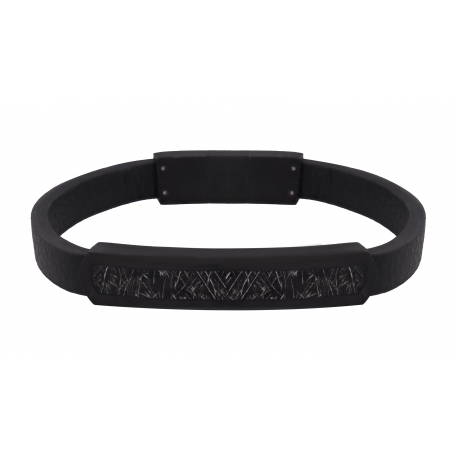 Bracelet Cuir noir incrusté de météorite - 17,5 cm +  1cm