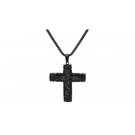 Collier acier avec Croix 36x38mm incrustée de météorite - chaîne Black Ip - 50+10cm