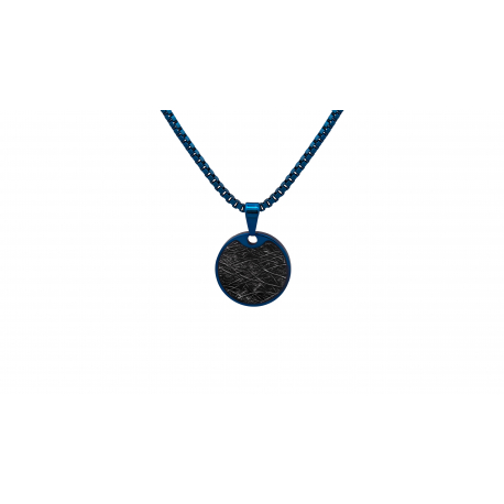 Collier acier rond plaqué bleu métalisé 20 mm  incrusté de météorite -  - chaîne Black Ip - 50+10cm