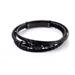 Bracelet 3 rangs - acier inoxydable 316L + cuir véritable + carbone - 20cm (extentions possibles)