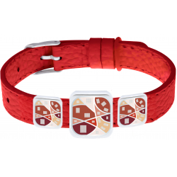 Bracelet acier - Email - Nacre - 3 carrés Formes arrondies - Cuir rouge largeur 1,2 cm