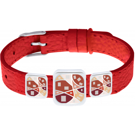 Bracelet acier - Email - Nacre - 3 carrés Formes arrondies - Cuir rouge largeur 1,2 cm