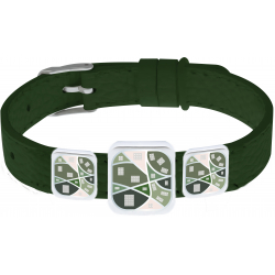 Bracelet acier - Email - Nacre - 3 carrés Formes arrondies - Cuir vert largeur 1,2 cm