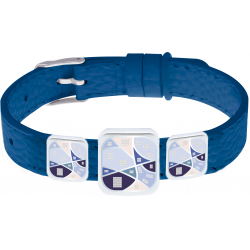 Bracelet acier - Email - Nacre - 3 carrés Formes arrondies - Cuir bleu largeur 1,2 cm