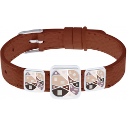 Bracelet acier - Email - Nacre - 3 carrés Formes arrondies - Cuir marron largeur 1,2 cm