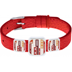 Bracelet acier - Email - Nacre - 3 carrés Formes géométriques - Cuir rouge largeur 1,2 cm