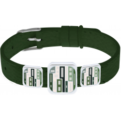 Bracelet acier - Email - Nacre - 3 carrés Formes géométriques - Cuir vert largeur 1,2 cm