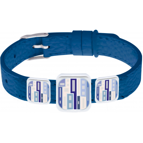 Bracelet acier - Email - Nacre - 3 carrés Formes géométriques - Cuir bleu largeur 1,2 cm