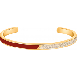 Bracelet acier doré - Email rouge et cuir beige