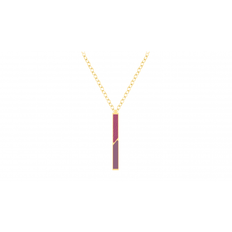 Collier acier doré - Email violet et cuir rose - 42/45cm
