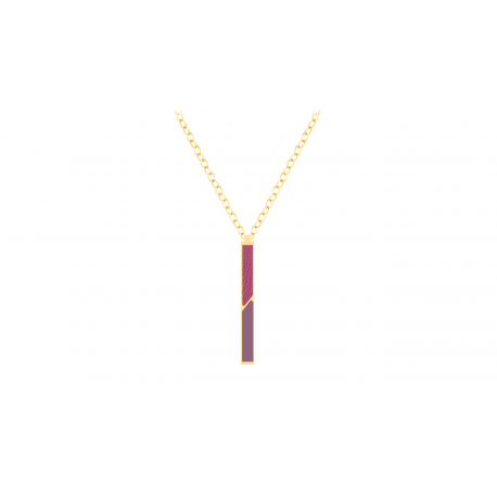 Collier acier doré - Email violet et cuir rose - 42/45cm