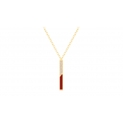 Collier acier doré - Email rouge et cuir beige - 42/45cm