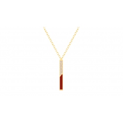 Collier acier doré - Email rouge et cuir beige - 42/45cm