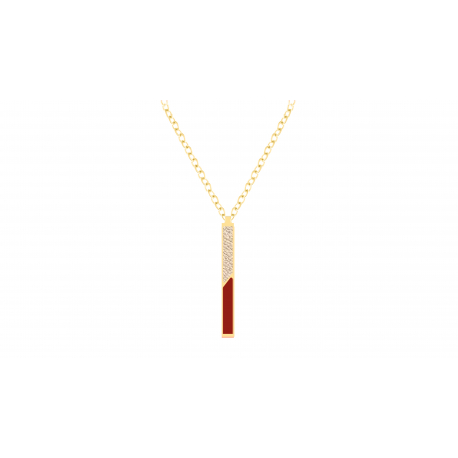 Collier acier doré - Email rouge et cuir beige - 42/45cm