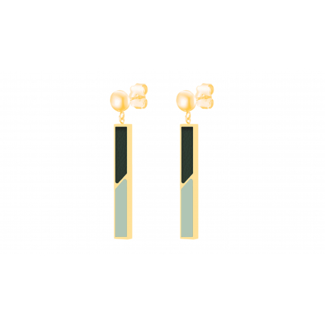 Boucles d'oreilles acier doré - Email vert d'eau  et cuir vert foncé - 3cm