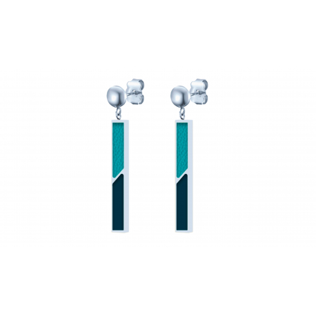 Boucles d'oreilles acier - Email bleu foncé et cuir bleu clair - 3cm