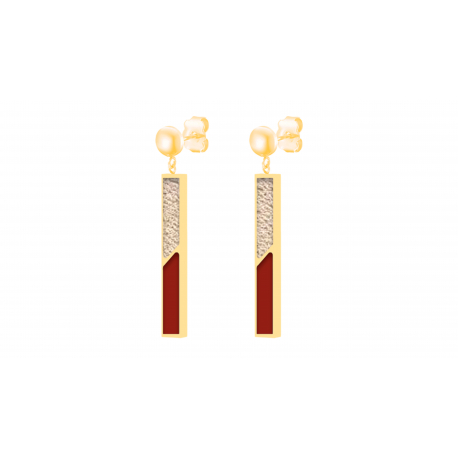 Boucles d'oreilles acier doré - Email rouge et cuir beige - 3cm