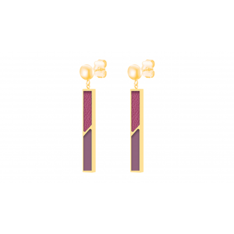 Boucles d'oreilles acier doré - Email violet et cuir rose - 3cm