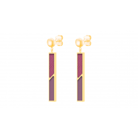 Boucles d'oreilles acier doré - Email violet et cuir rose - 3cm