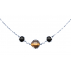 Collier acier 3 cabochons 11 et 8mm - il de tigre et Onyx - 42/45cm