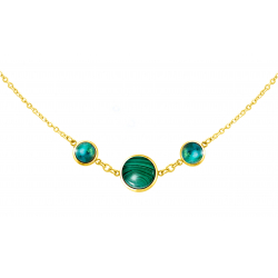 Collier acier doré 3 cabochons 11 et 8mm - Malachite et Zoïzite - 42/45cm