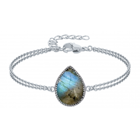 Bracelet argent double chaîne- Labradorite 15x20mm -15+5cm 6g