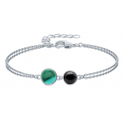 Bracelet argent 2chaîne 2cab-Malachite et Onyx 15+5cm 4,5g