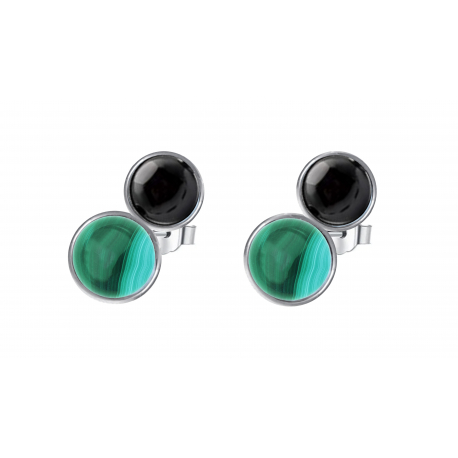 Boucle d'oreille argent 2cab 6x3mm - Malachite et Onyx 2,8g