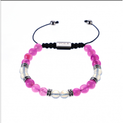 Bracelet cordon ajustable - OPTIMISME - billes 6 mm - opale rose - tourmaline rose - séparateurs acier - 15/22 cm