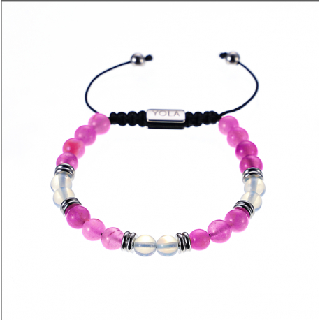 Bracelet cordon ajustable - OPTIMISME - billes 6 mm - opale rose - tourmaline rose - séparateurs acier - 15/22 cm