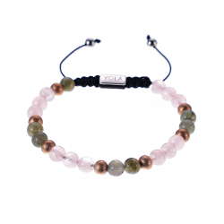 Bracelet cordon ajustable - DETENTE - billes 6 mm - quartz rose - labradorite - billes mattes acier rosé - 15/22 cm
