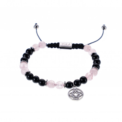 Bracelet cordon ajustable - AUDACE - billes 6 mm - tourmaline noire - quartz rose - séparateurs acier - chakra racine - 15/22 cm
