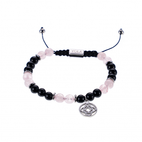 Bracelet cordon ajustable - PROTECTION - billes 6 mm - tourmaline noire - quartz tourmaliné - séparateurs acier - 15/22 cm