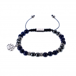 Bracelet cordon ajustable - zéro DEPRIME - billes 6 mm - hématite - lapis lazuli - séparateurs acier - bouddha lotus - 15/22 cm