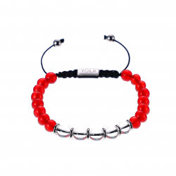 Bracelet cordon ajustable - FLUX SANGUIN - billes 6 mm - jaspe rouge - cristal de roche - séparateurs acier - 15/22 cm