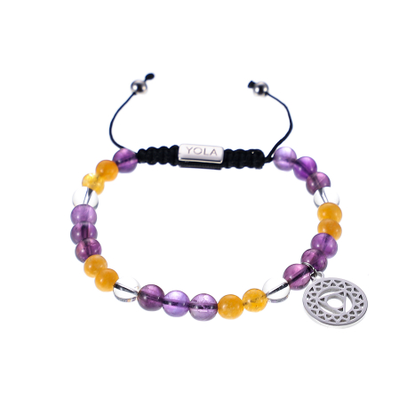 Bracelet cordon ajustable - REGENERATION - billes 6 mm - ambre - améthyste - cristal de roche - chakra gorge - 15/22 cm