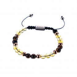 Bracelet cordon ajustable - CHANCE - billes 6 mm - oeil de tigre - citrine - billes acier rosé - 15/22 cm