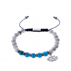 Bracelet cordon ajustable - TOP MINCEUR - billes 6 mm - apatite - howlite blanche - séparateurs acier - bouddha - 15/22 cm