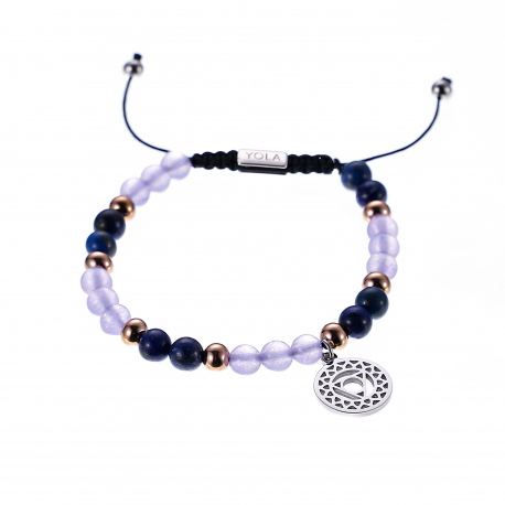 Bracelet cordon ajustable - TROUBLES TYROÏDIENS - billes 6 mm - calcédoine - lapis lazuli - billes acier rosé - 15/22 cm